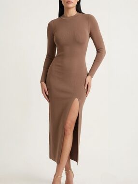 Aritzia Babaton Mockneck Ribbed Midi Dress Slit Bodycon Brown Size S